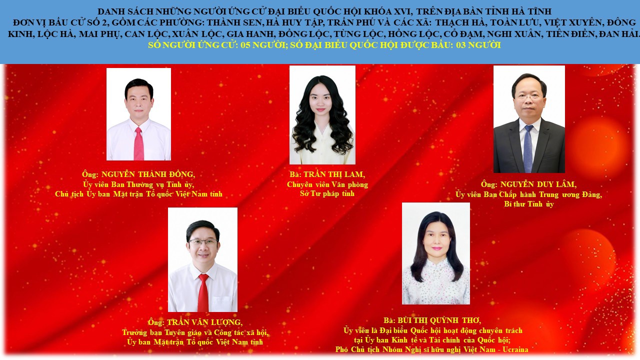 Danh sách các ứng cử viên đại biểu Quốc hội khóa XVI ứng cử trên địa bàn tỉnh Hà Tĩnh tại đơn vị bầu cử số 2